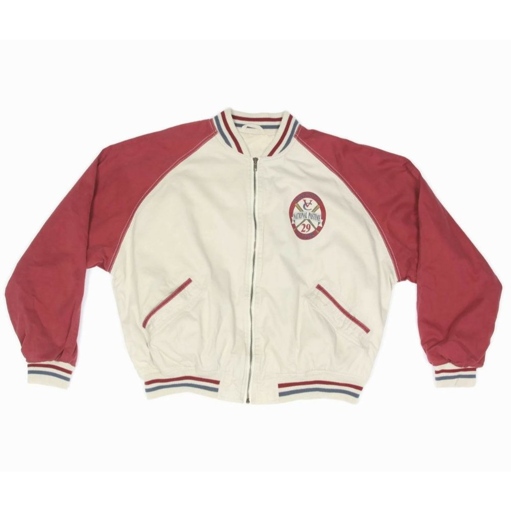 Baseball National Pastime Vasity Club Red Blue Beige Mens Bomber Jacket size XL